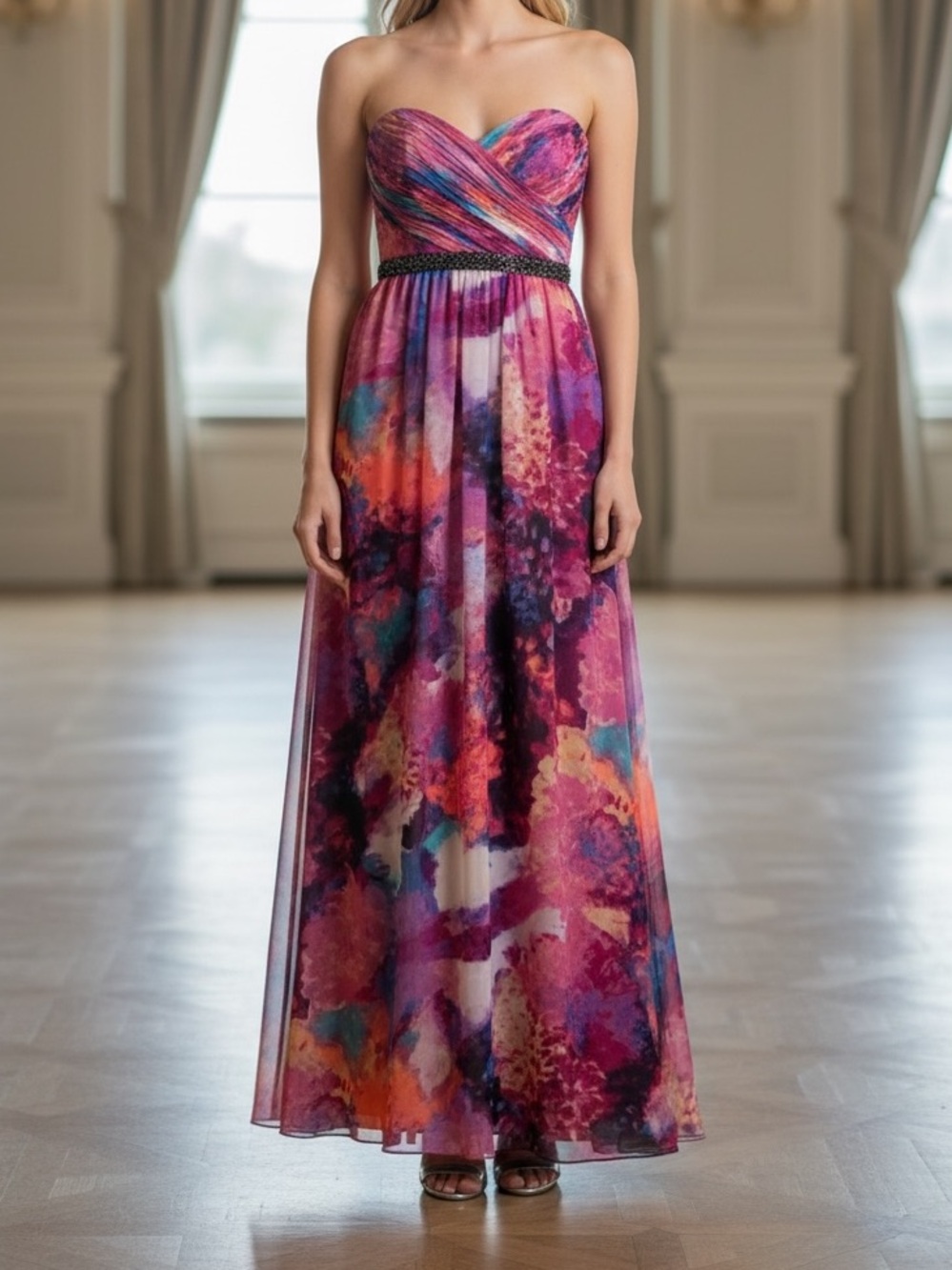 Calvin Klein Pink and Purple Watercolour Maxi Strapless Formal Dress Sz 10